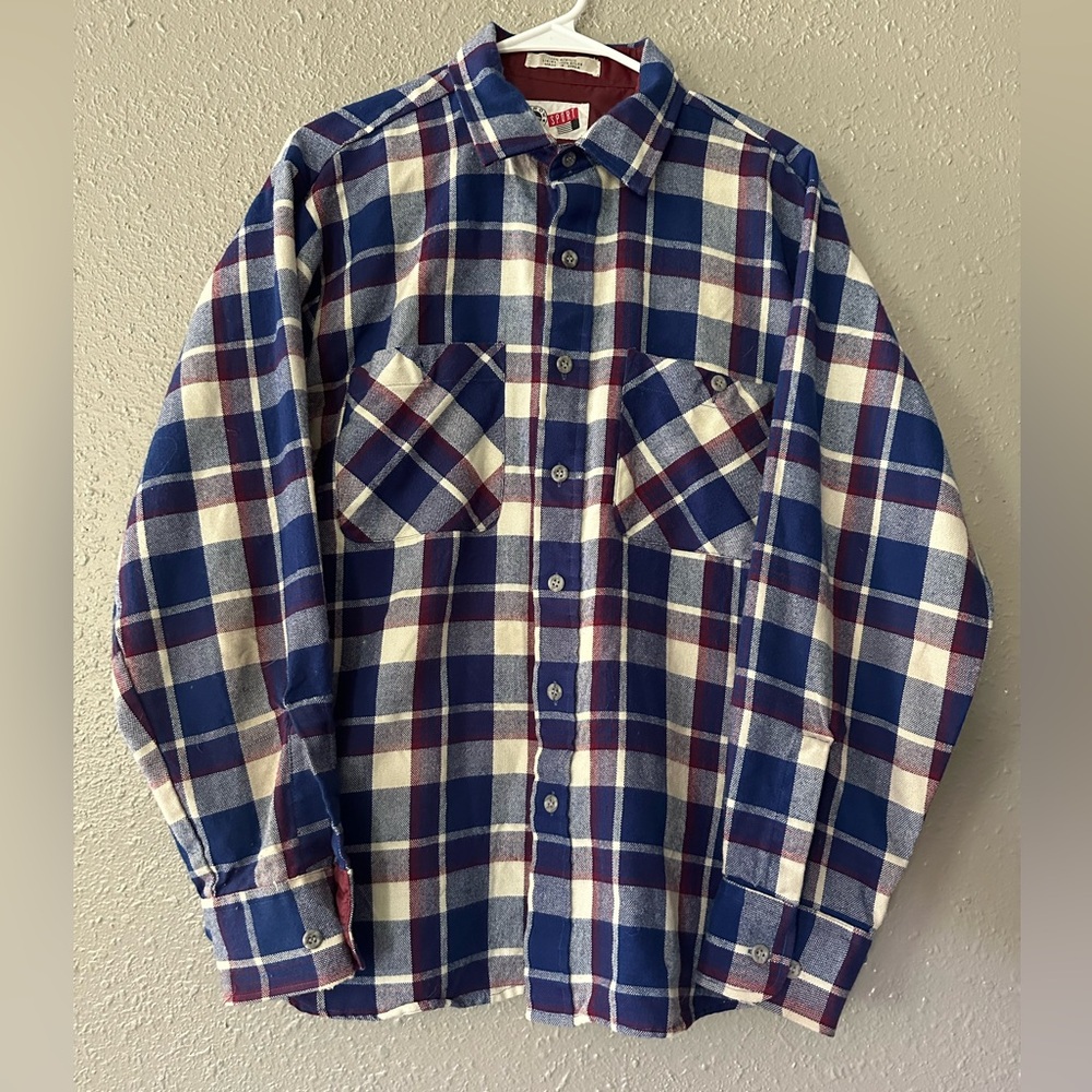 Vintage Arrow Sport Flannel Shirt Blue White Plaid Shacket Long Sleeve Shirt